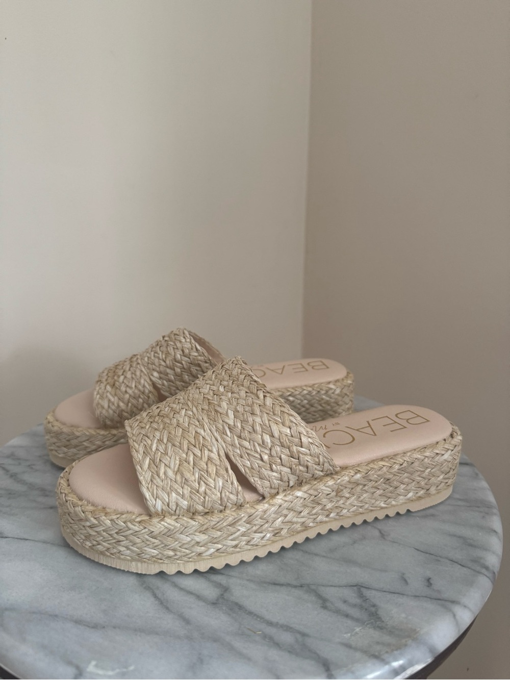 BEACON Natural Woven Platform Slide Sandals - Beige